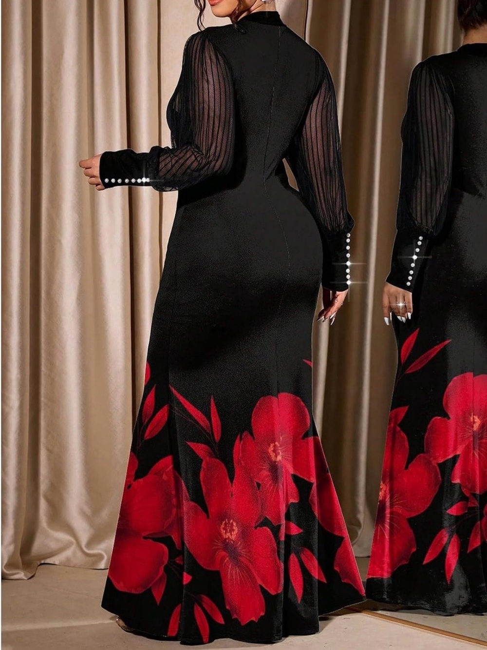 Black Maxi Dress with Red Floral Hem and Sheer Pinstripe Sleeves - Picture 2 of 2